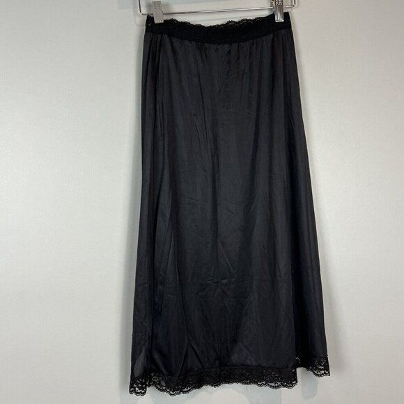 Vintage Vasserette Black Half Slip Size Small Lace Trim Slit Midi Length - Picture 5 of 8